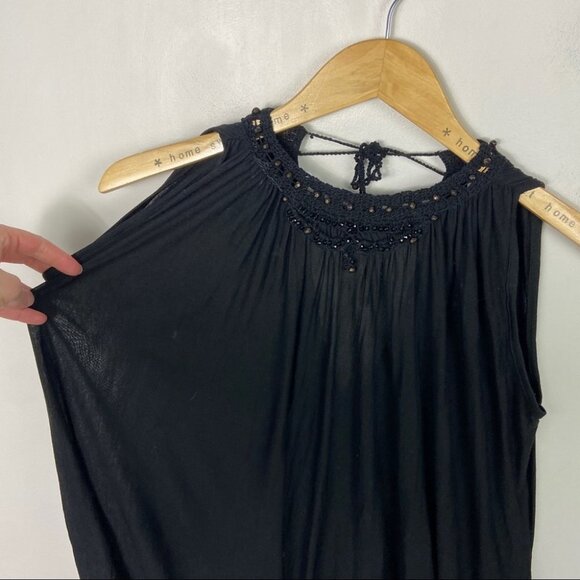 Free People Beaded Crew Neck Tunic Top Black Oversized Bohemian Tie Back Long S - Picture 6 of 9